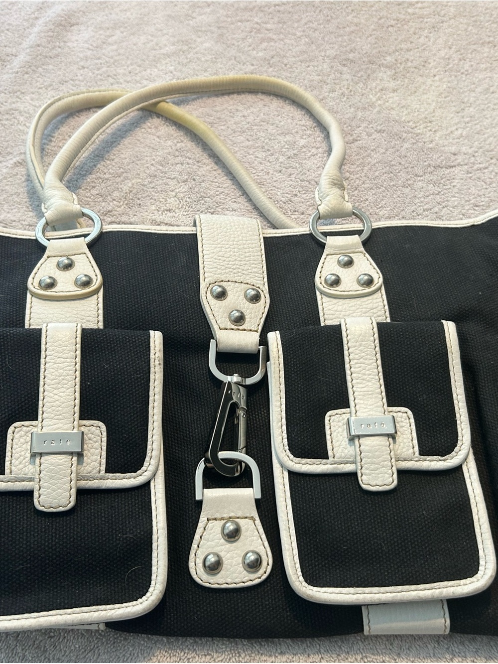 Rafe Black and White Shoulder Tote with Front Pockets